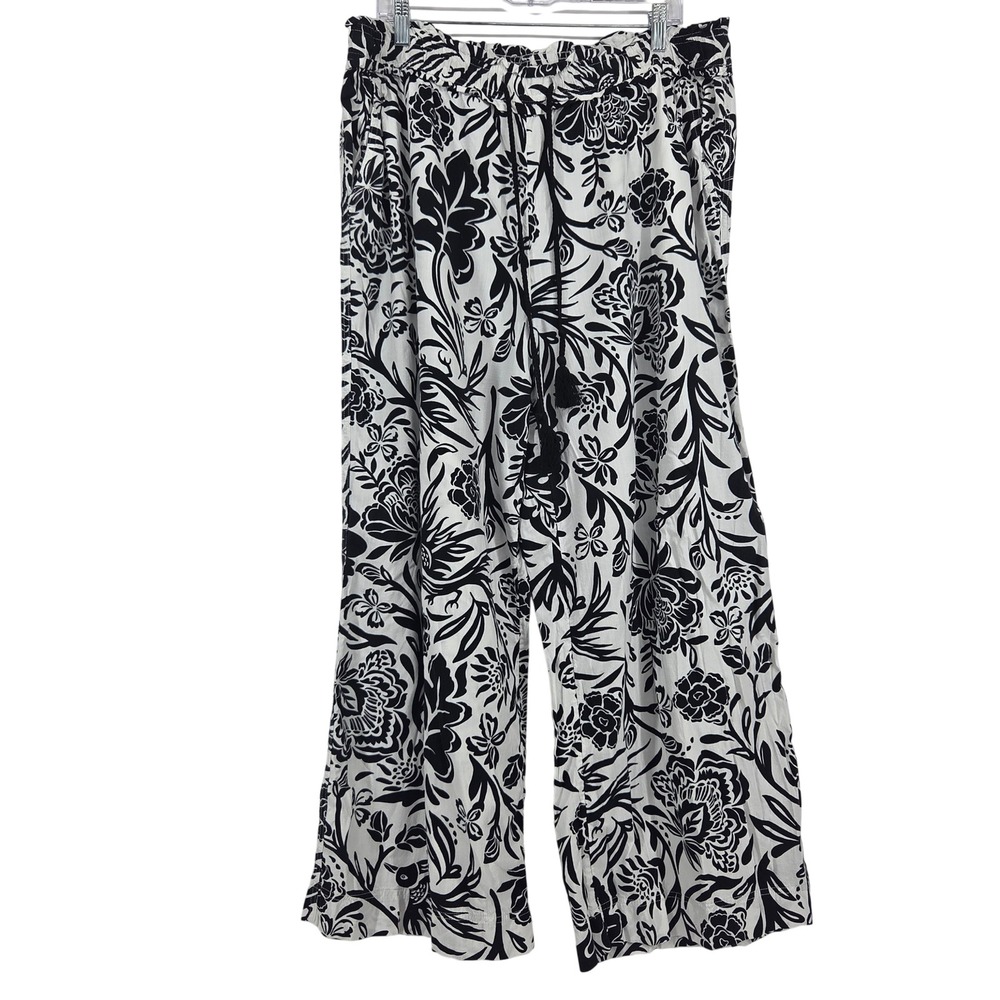 Knox Rose Wide Leg Pants XL Black White Floral Bird Boho Art-Inspired Botanical